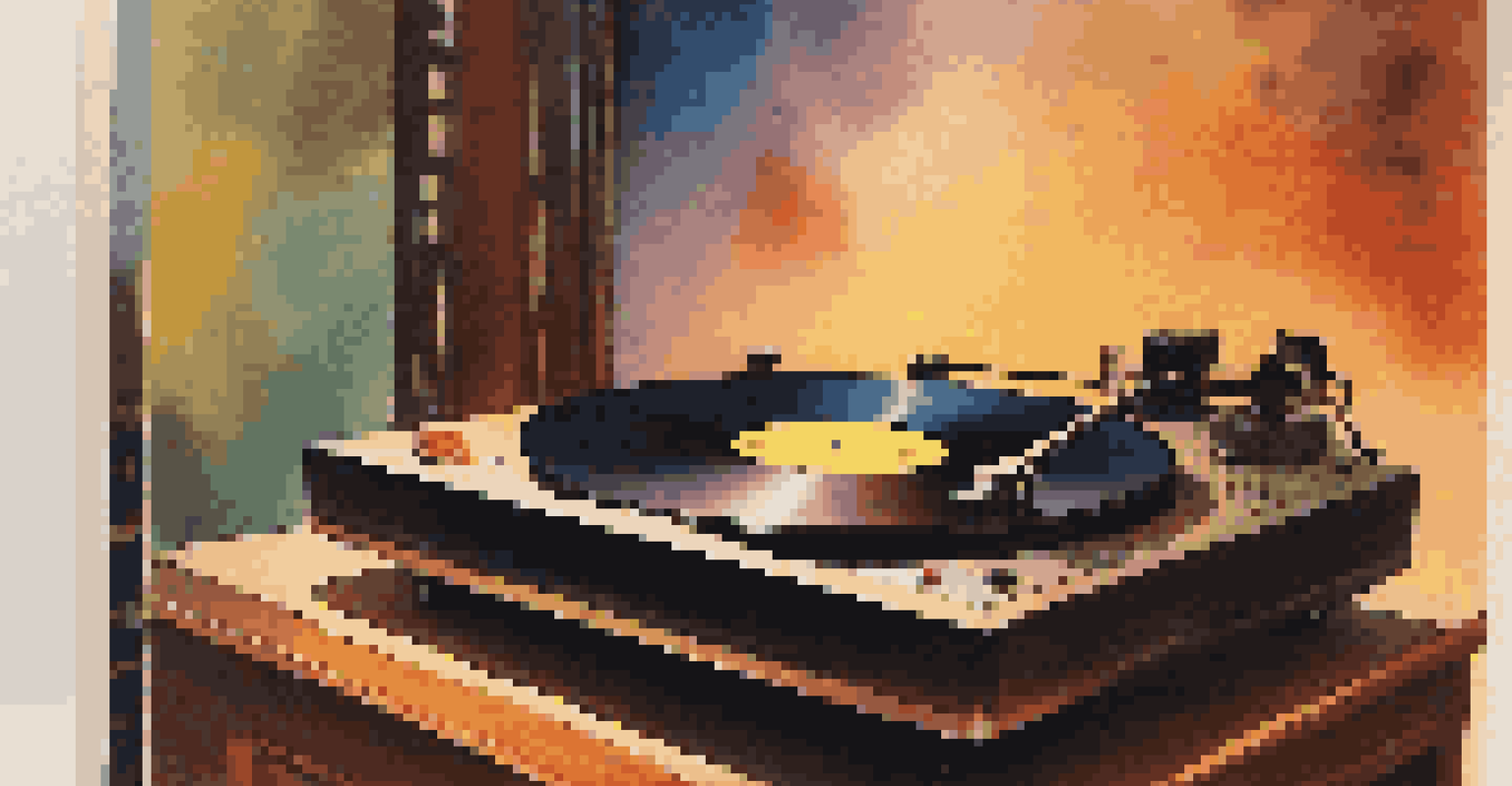 A close-up of a spinning vinyl record on a turntable with vibrant album art and warm lighting, featuring decorative musical elements.