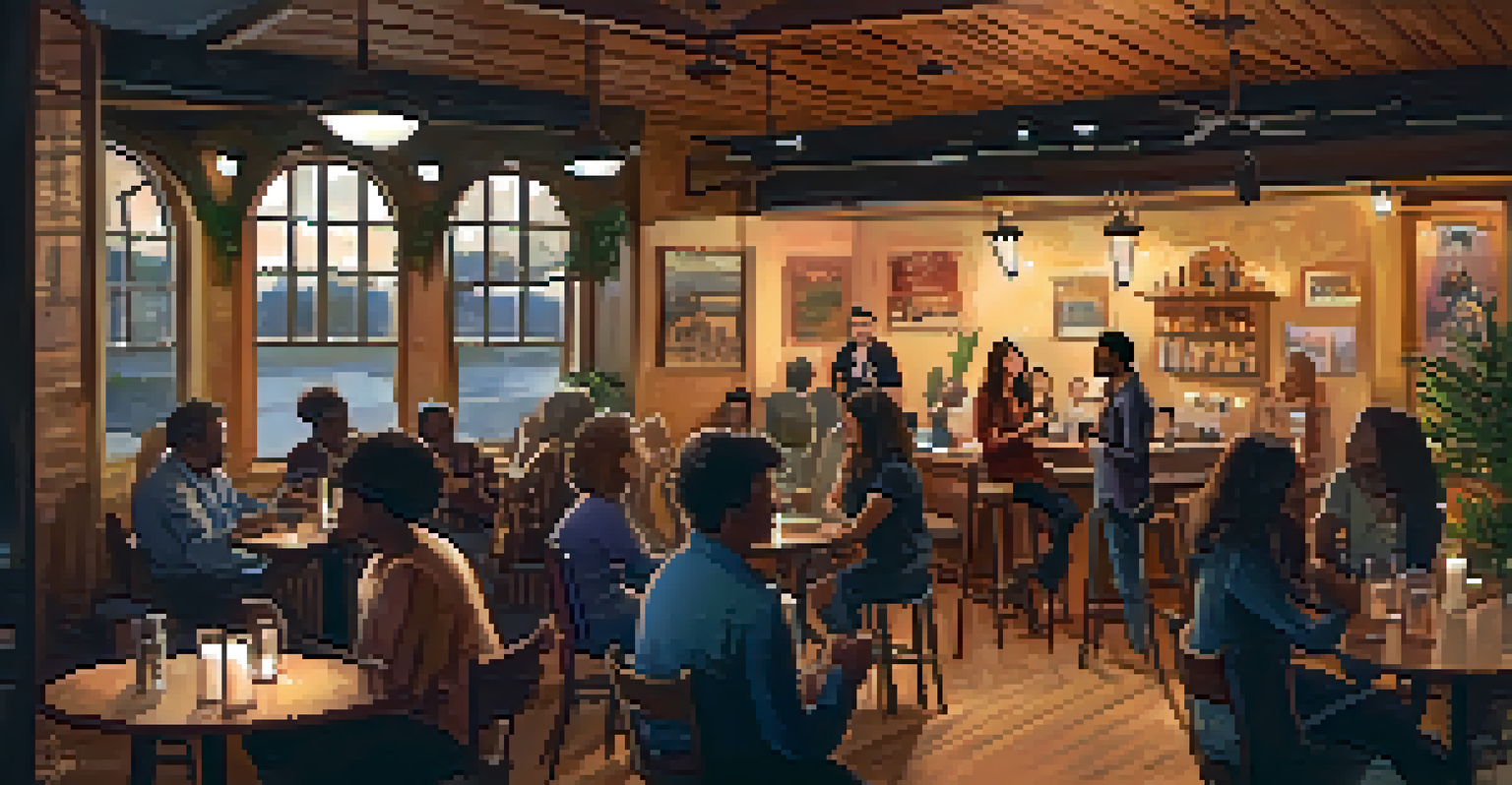 A warm and inviting café hosting an open mic night with a singer-songwriter performing for an engaged audience.