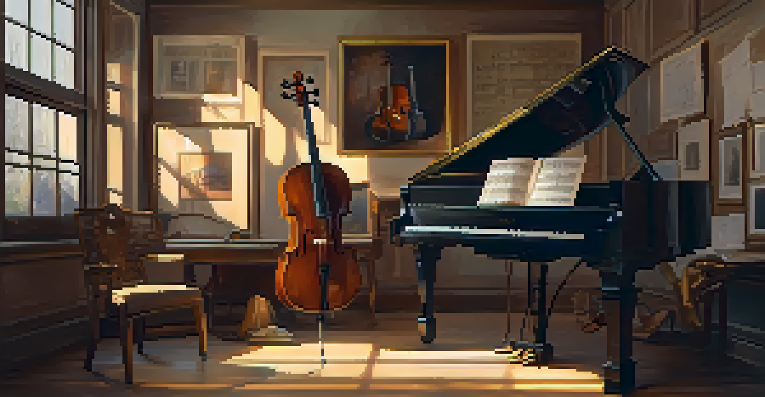 A vintage cello on a music stand in a cozy music studio with sheet music and framed photographs on the walls.