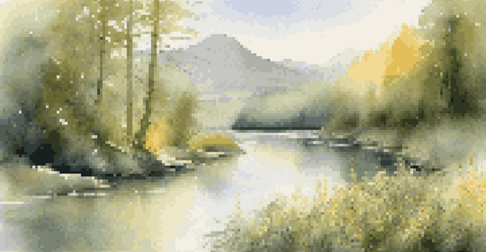 A peaceful river flowing through a green forest with sunlight filtering through trees and wildflowers along the bank.