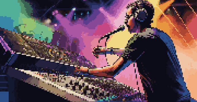 A live sound engineer managing sound levels at a concert, with a vibrant crowd and colorful stage lights in the background.