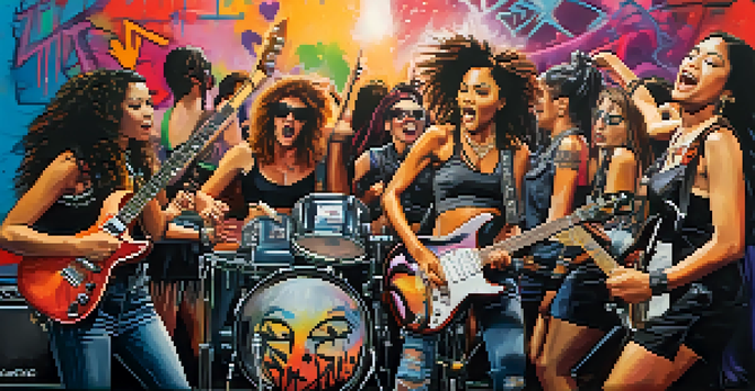 A lively concert scene with female punk musicians playing on stage, surrounded by colorful graffiti and excited fans.