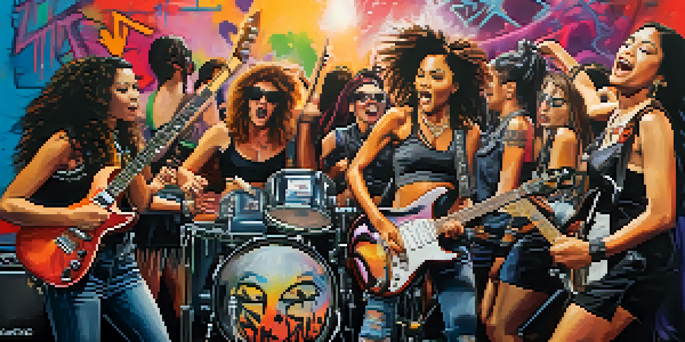 A lively concert scene with female punk musicians playing on stage, surrounded by colorful graffiti and excited fans.