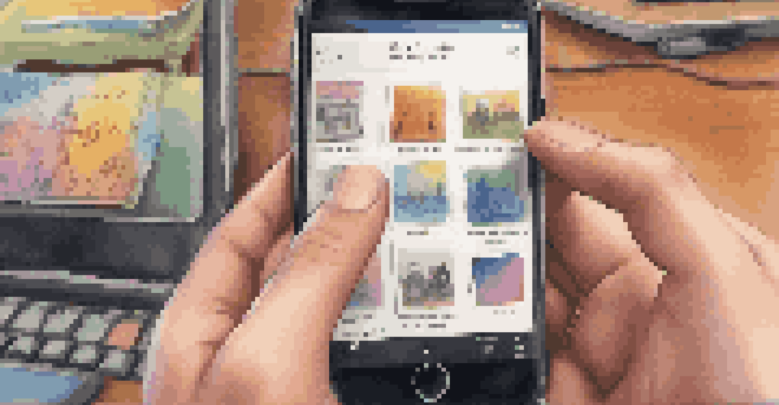 A student's hand holding a smartphone, creating a playlist in a classroom background with a chalkboard and desks, with colorful album covers visible on the screen.