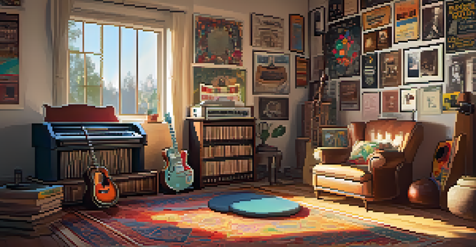A cozy room filled with various musical instruments, warm sunlight illuminating the space, and decorated with concert posters.