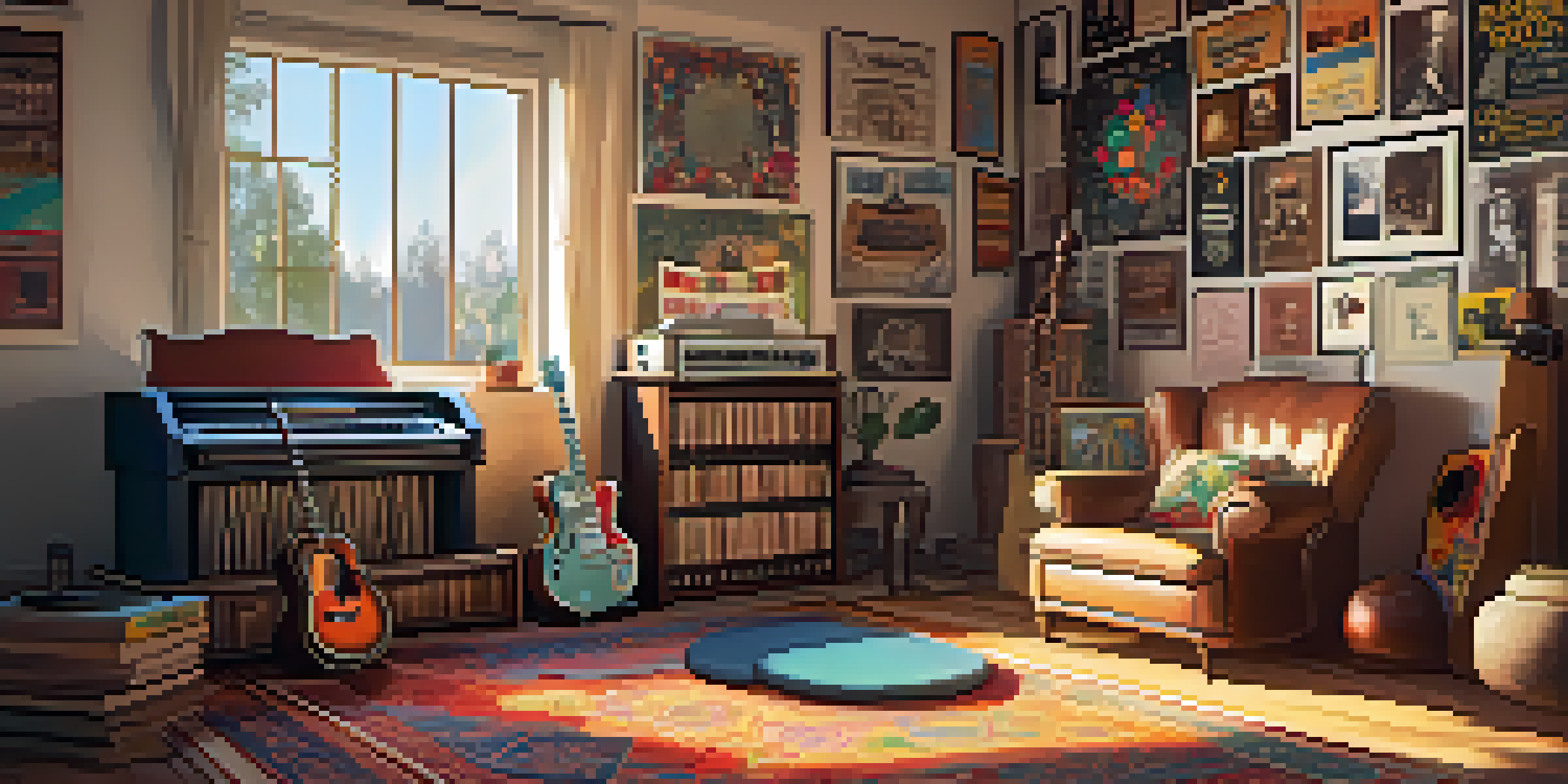 A cozy room filled with various musical instruments, warm sunlight illuminating the space, and decorated with concert posters.