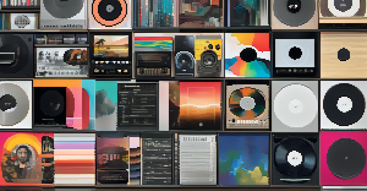 An artistic representation of a music streaming interface with diverse album covers and colorful sound waves.
