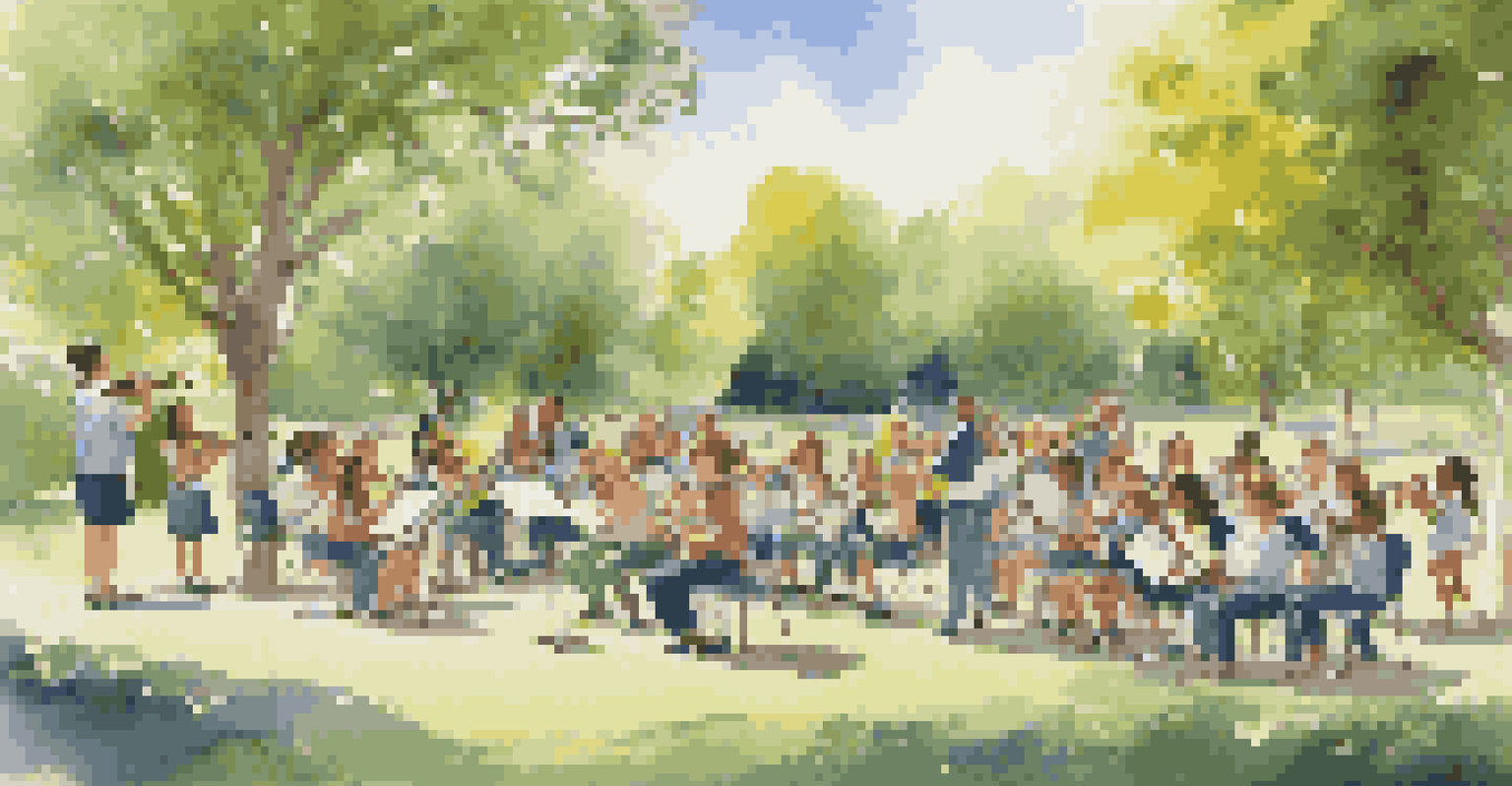 A school band practicing outdoors in a park, with students playing instruments and a conductor leading them under a clear blue sky.