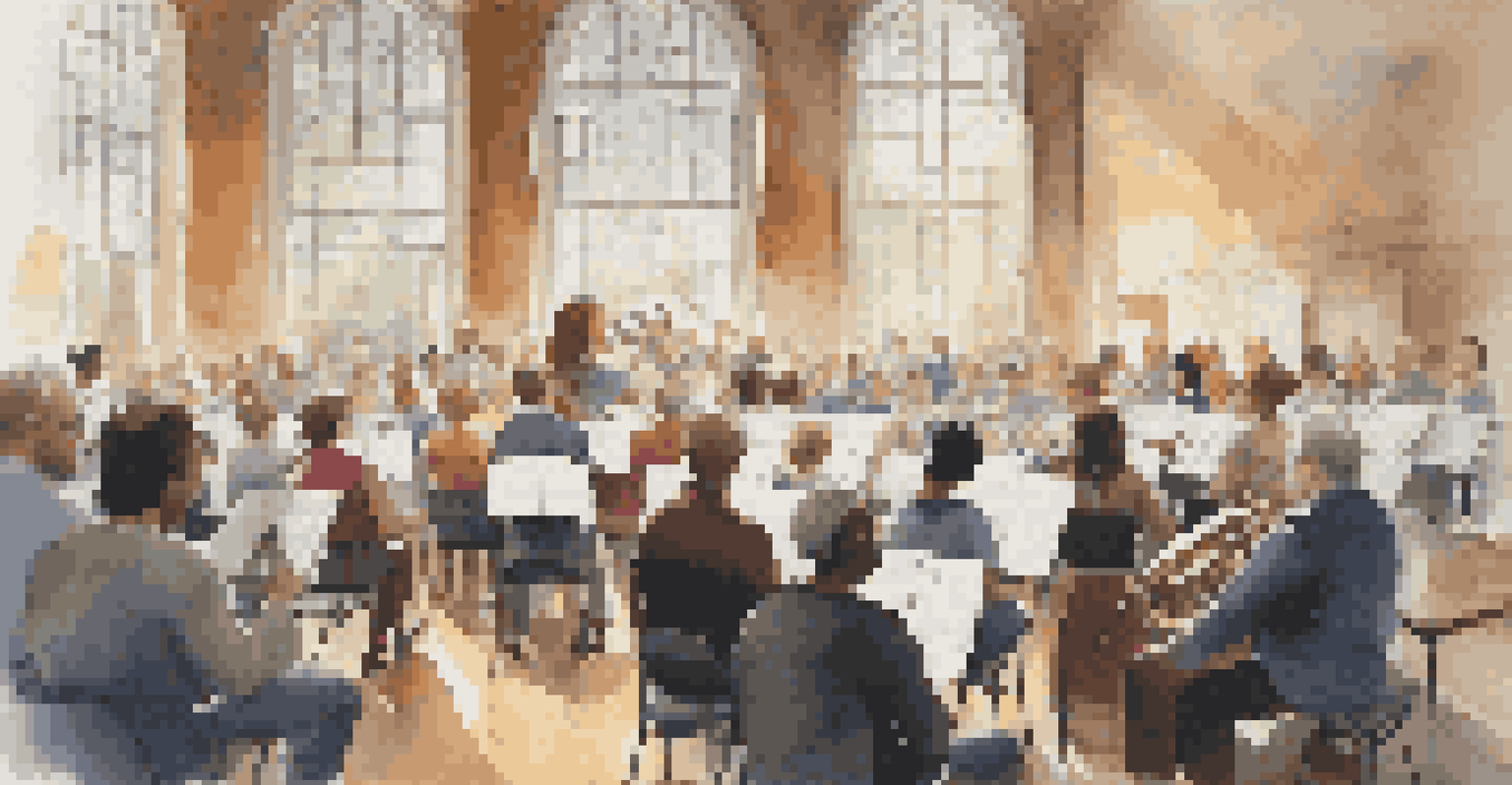 A choral music workshop with a conductor leading a diverse group of singers in a bright and inviting room filled with sheet music.