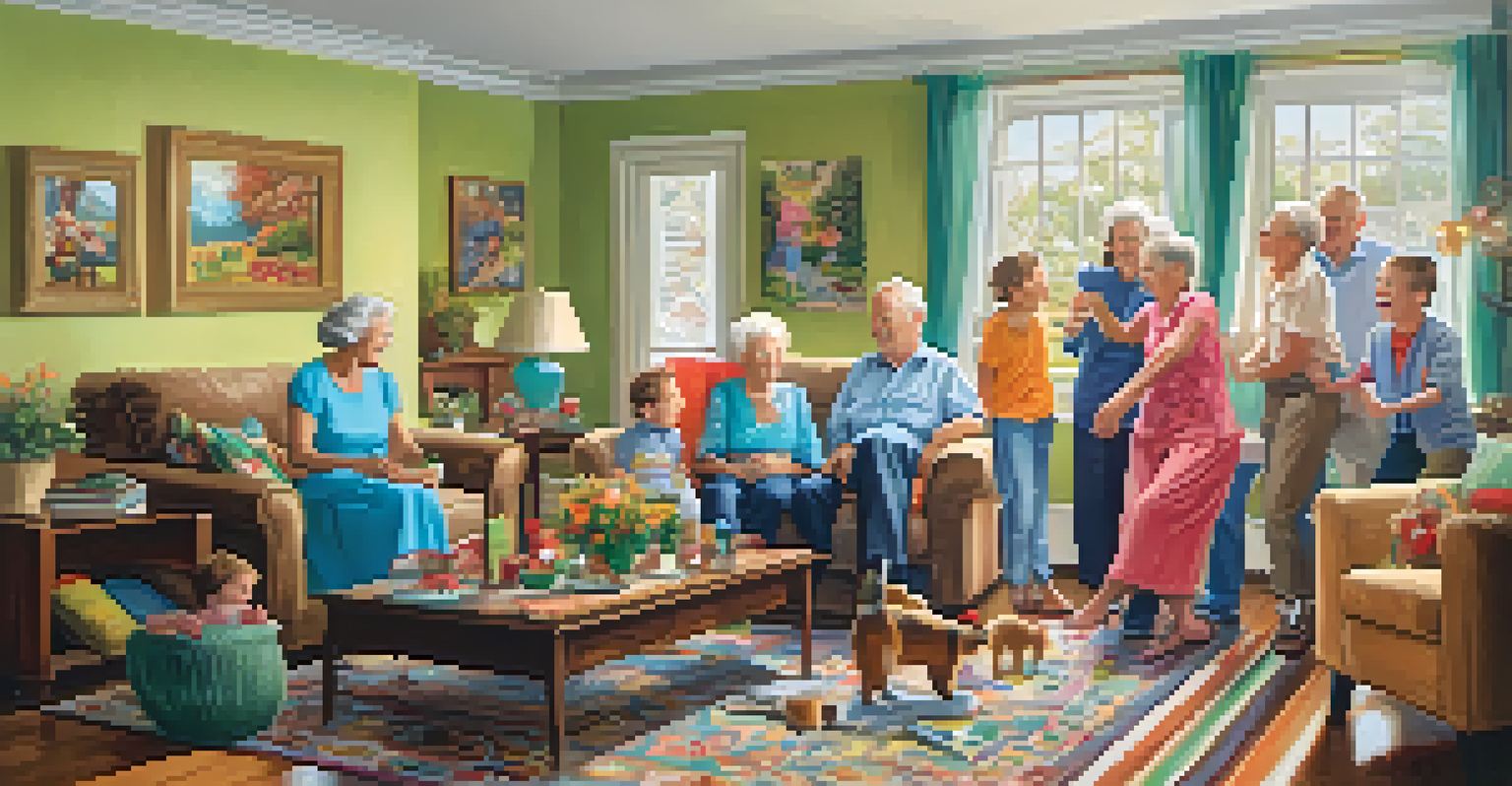 A joyful family gathering with grandparents dancing to music, colorful decorations, and children playing in a lively living room.