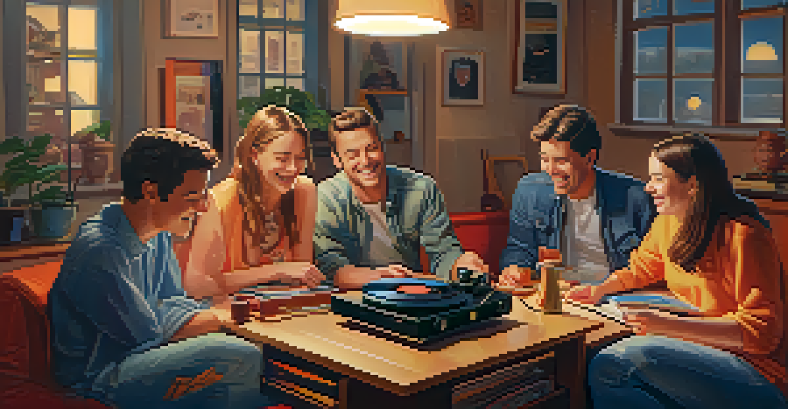 Friends enjoying music together in a cozy room with a record player and warm lighting.