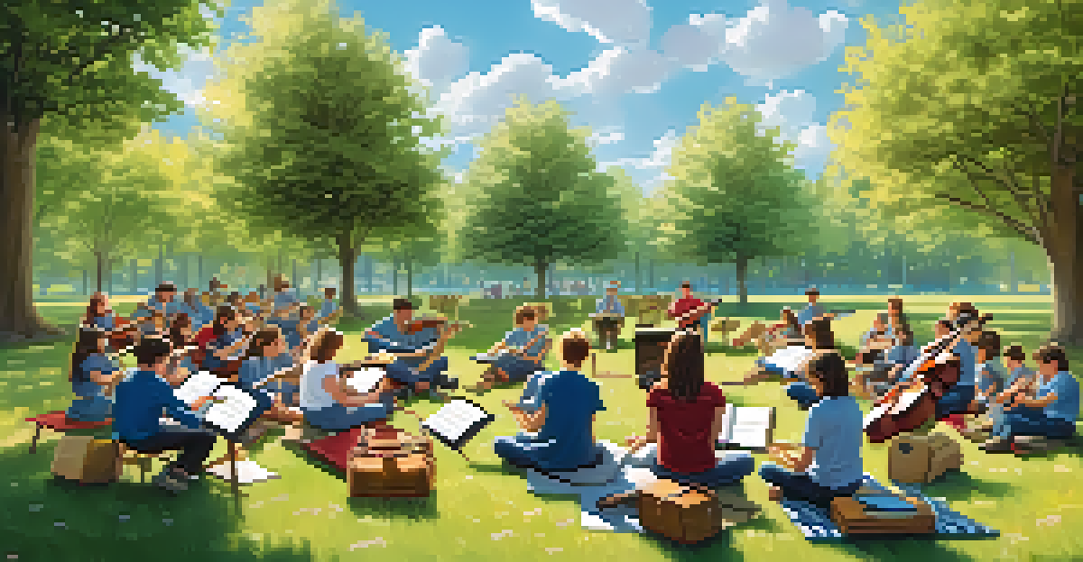 Students learning music outdoors in a park setting with a teacher.