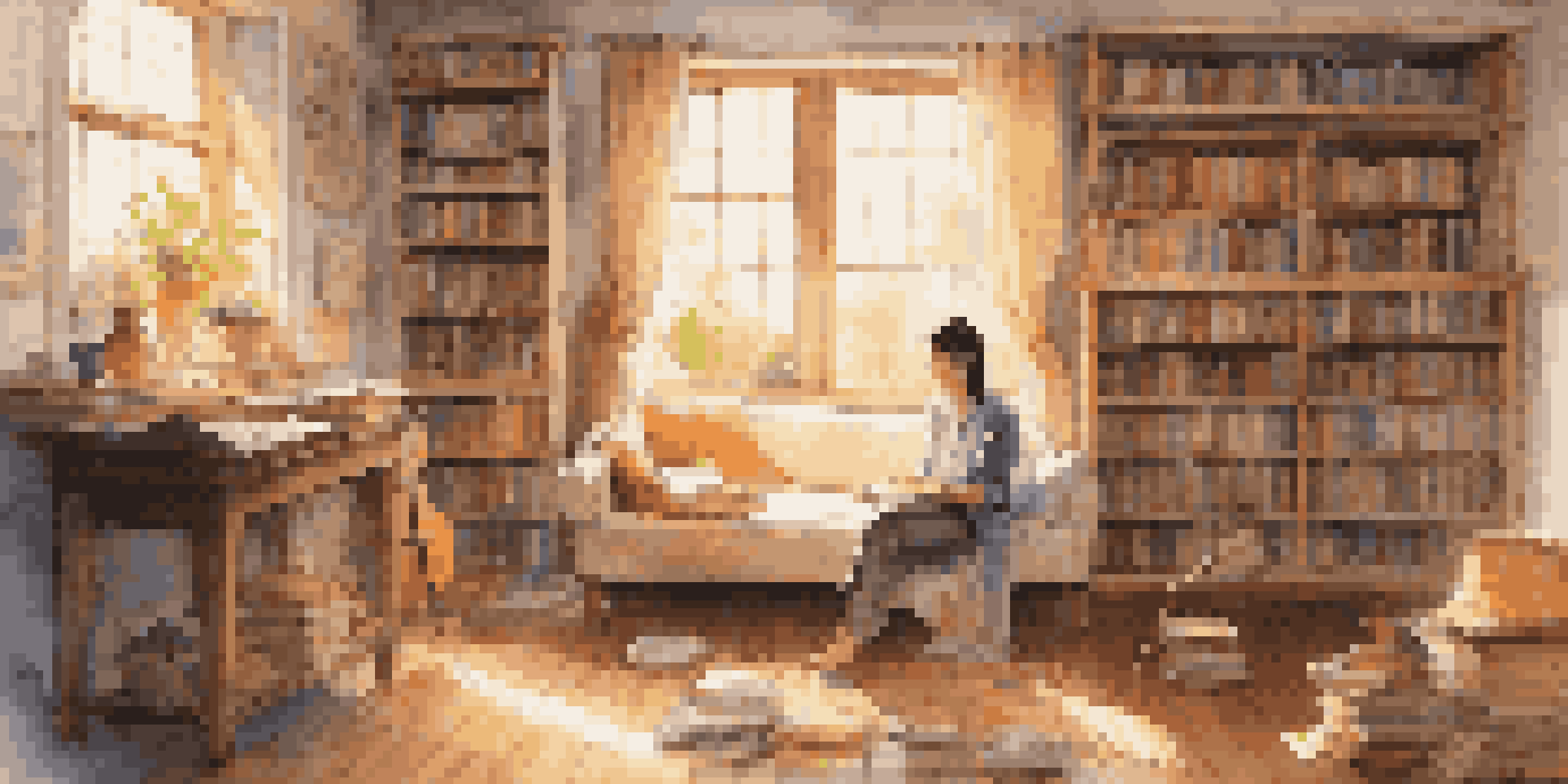 A cozy interior with a person immersed in books and music, surrounded by floating musical notes and warm sunlight.