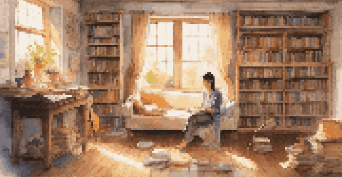 A cozy interior with a person immersed in books and music, surrounded by floating musical notes and warm sunlight.