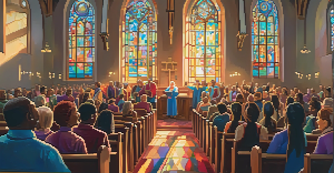 A diverse group of people singing joyfully in a colorful church interior, with sunlight filtering through stained glass windows.