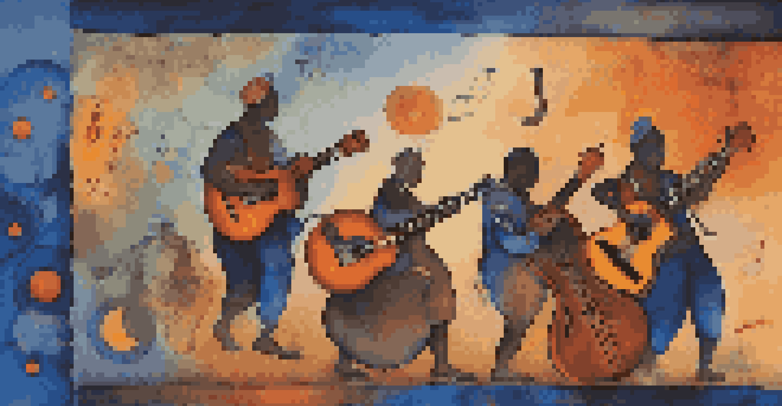 An abstract representation of cultural influences in music, featuring various instruments and colorful sound waves against a gradient background.