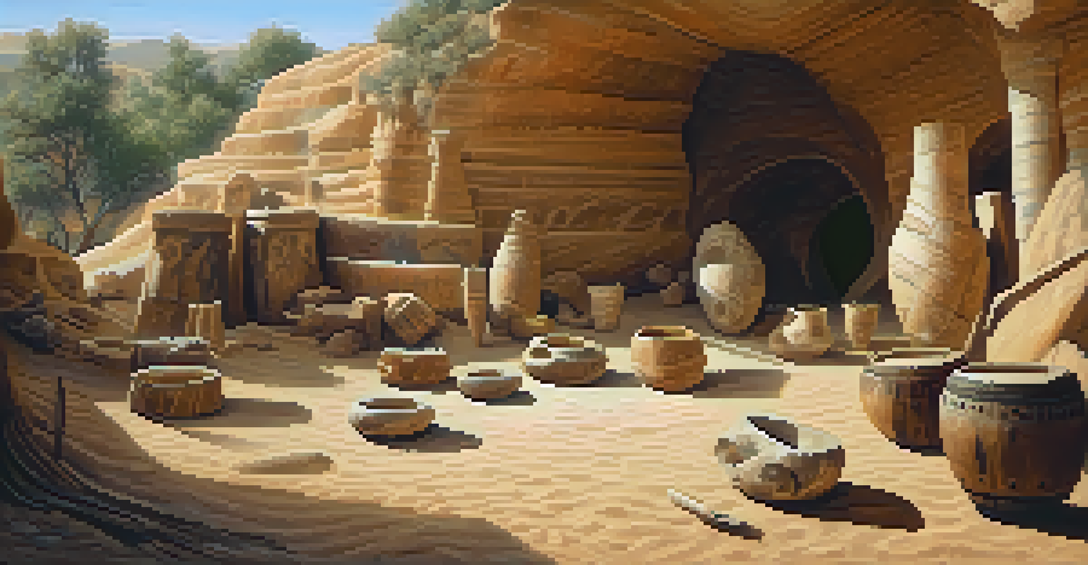 Ancient musical instruments displayed in an archaeological site, with cave paintings in the background.