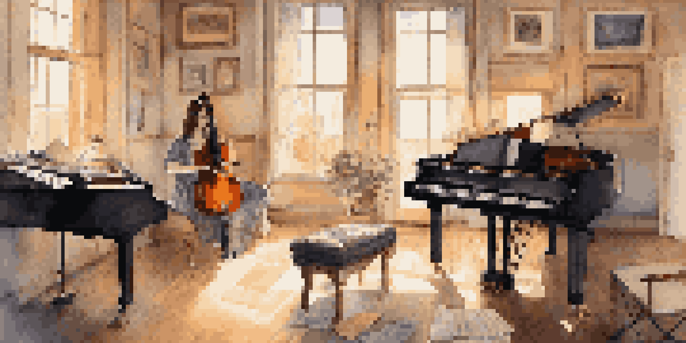A female musician in a cozy music studio, playing a grand piano with warm lighting and musical instruments around her.