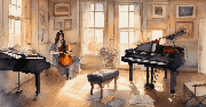 A female musician in a cozy music studio, playing a grand piano with warm lighting and musical instruments around her.