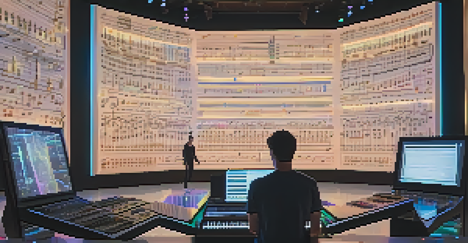 An artist in a high-tech virtual studio creating music with floating notes and holographic collaboration.