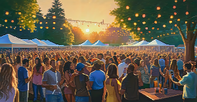 A lively outdoor concert with a diverse crowd enjoying music in a park at sunset, surrounded by trees and colorful lights.