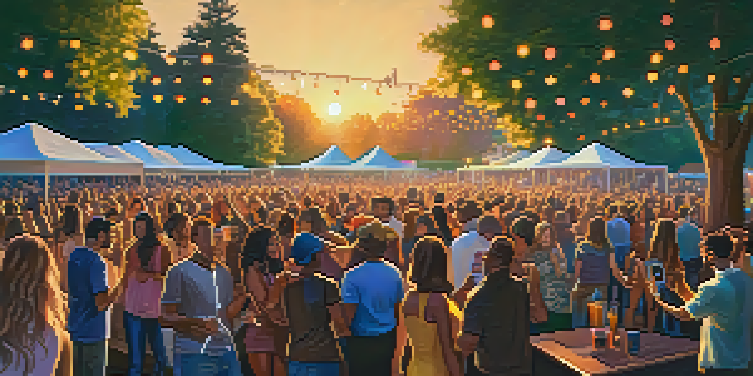A lively outdoor concert with a diverse crowd enjoying music in a park at sunset, surrounded by trees and colorful lights.