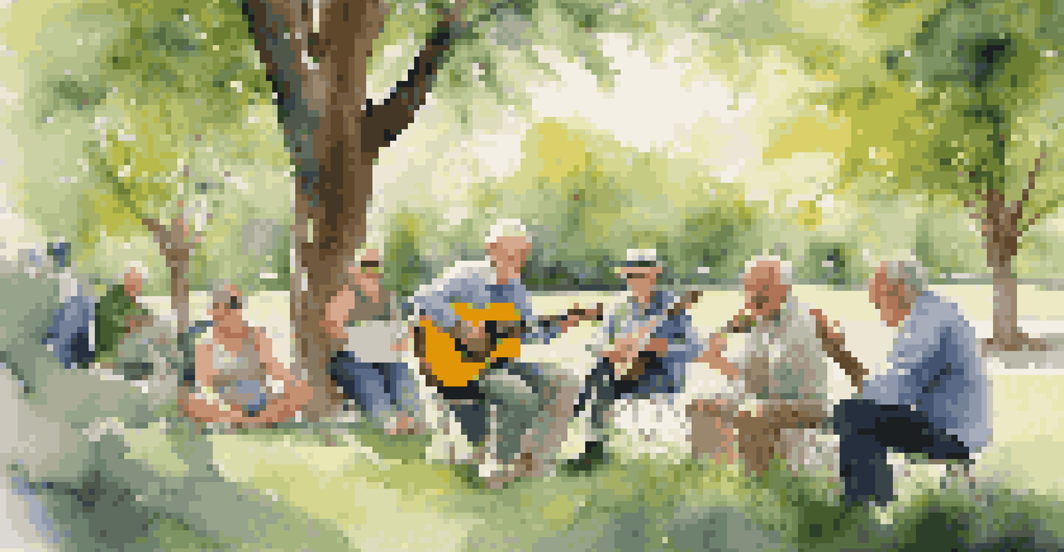 An elderly man playing guitar in a park with friends, creating a joyful atmosphere.