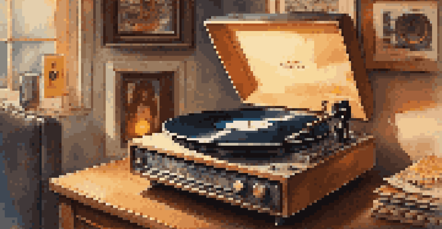 A vintage record player with a spinning vinyl surrounded by music posters, conveying a sense of nostalgia and warmth.