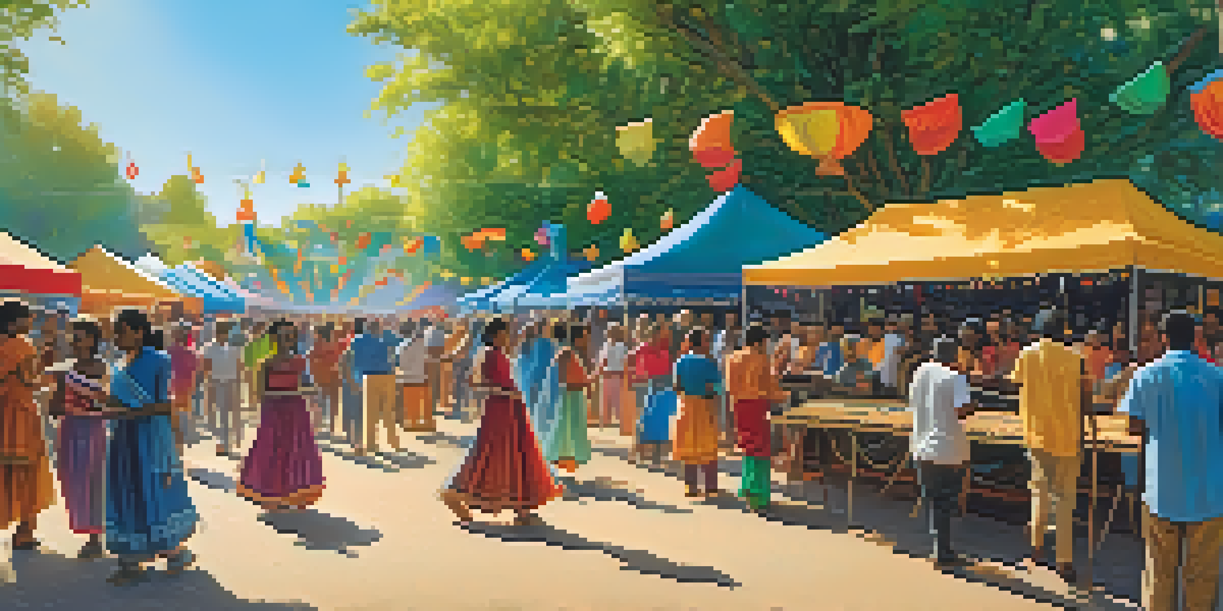 A lively community festival with diverse people enjoying traditional music performances, colorful decorations, and smiling attendees.