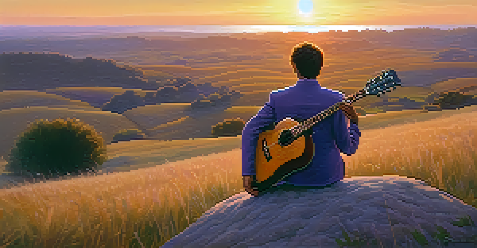 A solitary figure on a hilltop at sunset, sitting beside a guitar, surrounded by colorful skies and swaying grass.
