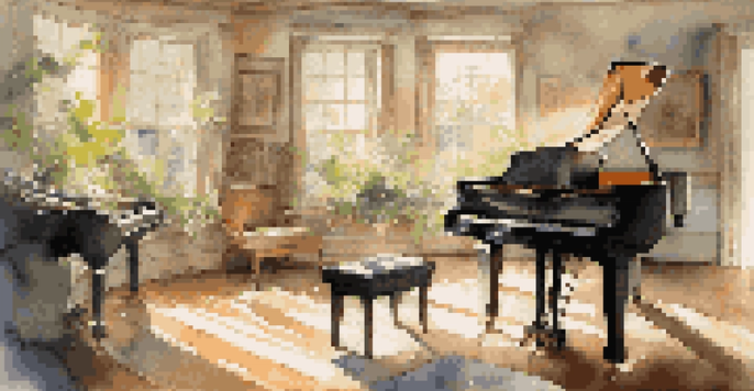 A pianist playing a grand piano in a bright music studio with sheet music and a view of a garden.