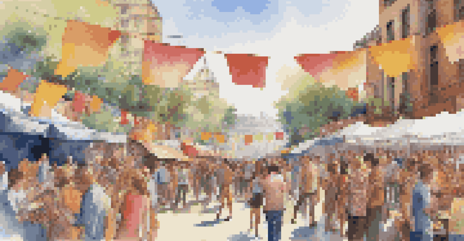 A lively street scene at a music festival with people discussing music reviews, colorful banners, food stalls, and artists performing on stage.
