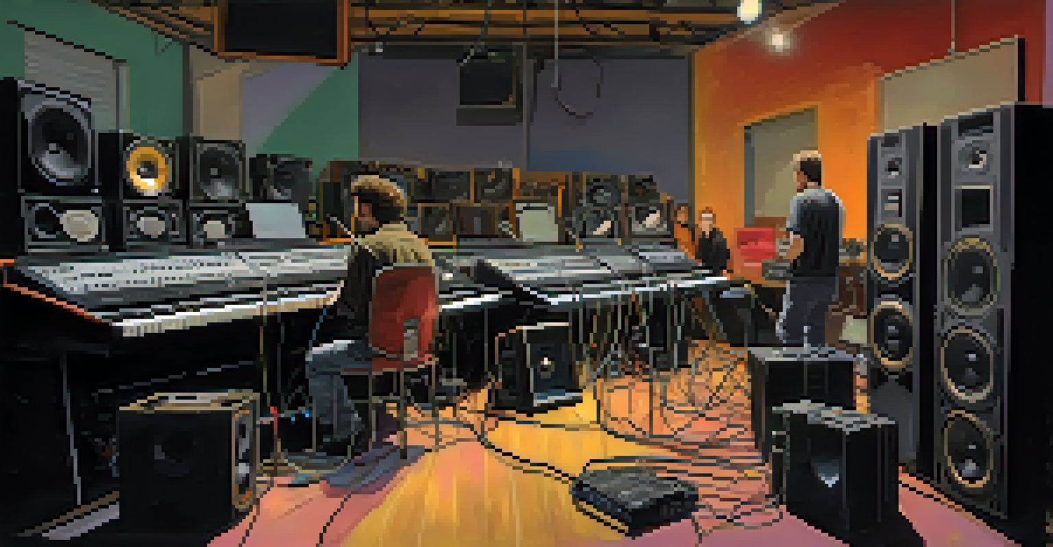 Sound engineers and artists collaborating during a soundcheck, with audio equipment and warm lighting creating a lively atmosphere.