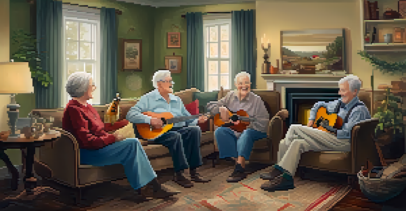 Seniors enjoying a folk music sing-along in a cozy living room filled with vintage instruments and warm lighting.