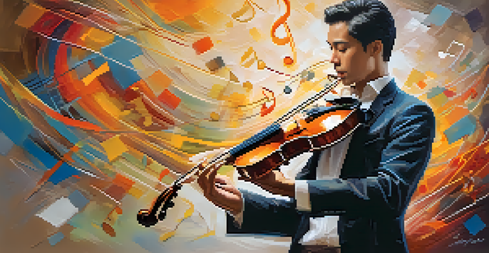A classical musician playing the violin in front of an abstract painting with swirling colors, with musical notes surrounding them.