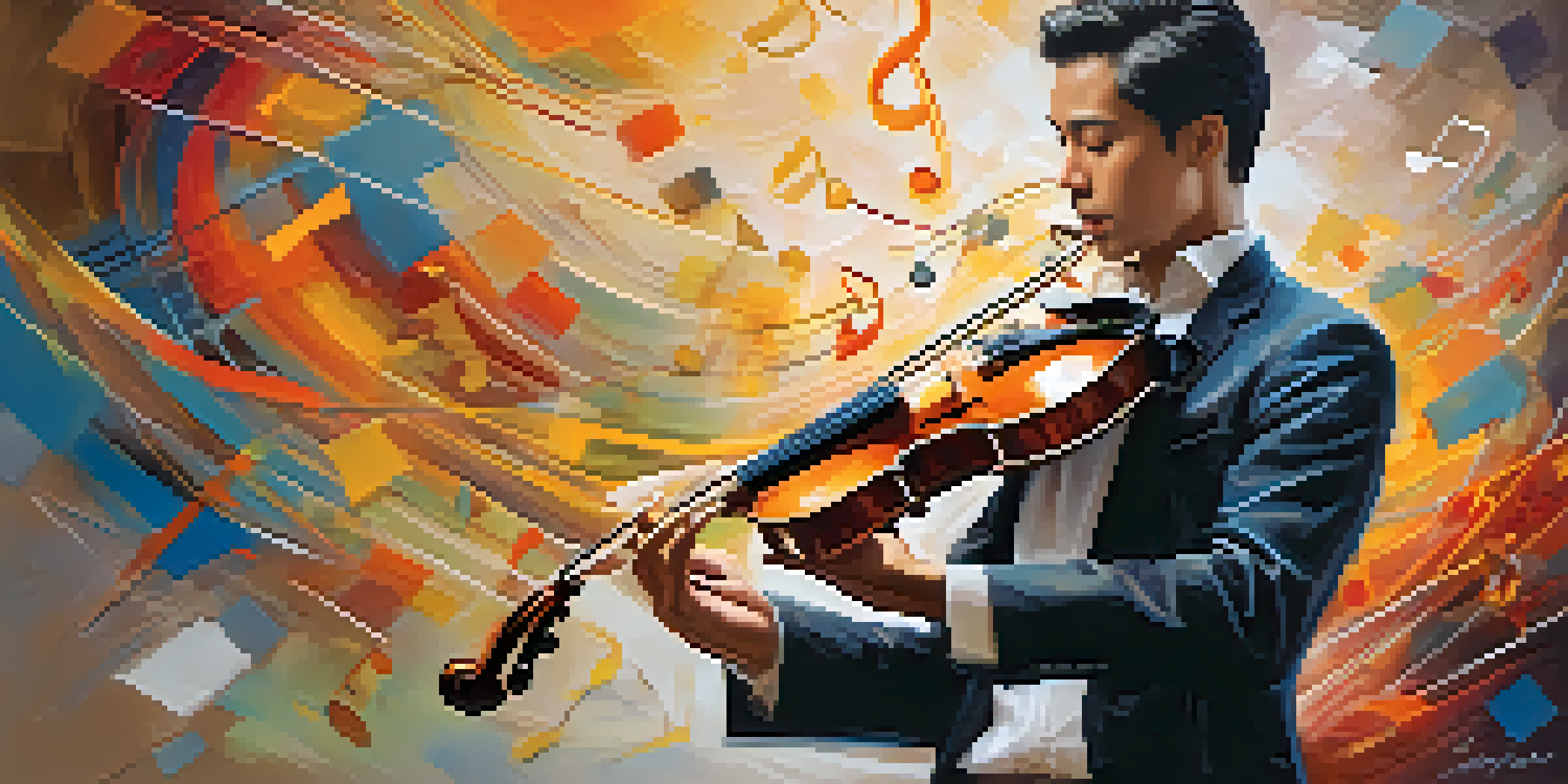 A classical musician playing the violin in front of an abstract painting with swirling colors, with musical notes surrounding them.