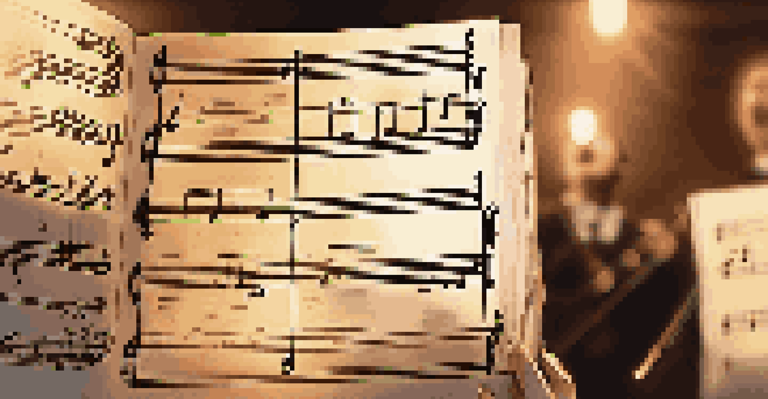 A close-up of choir sheet music on a stand with blurred singers harmonizing in the background, illuminated by warm spotlight.
