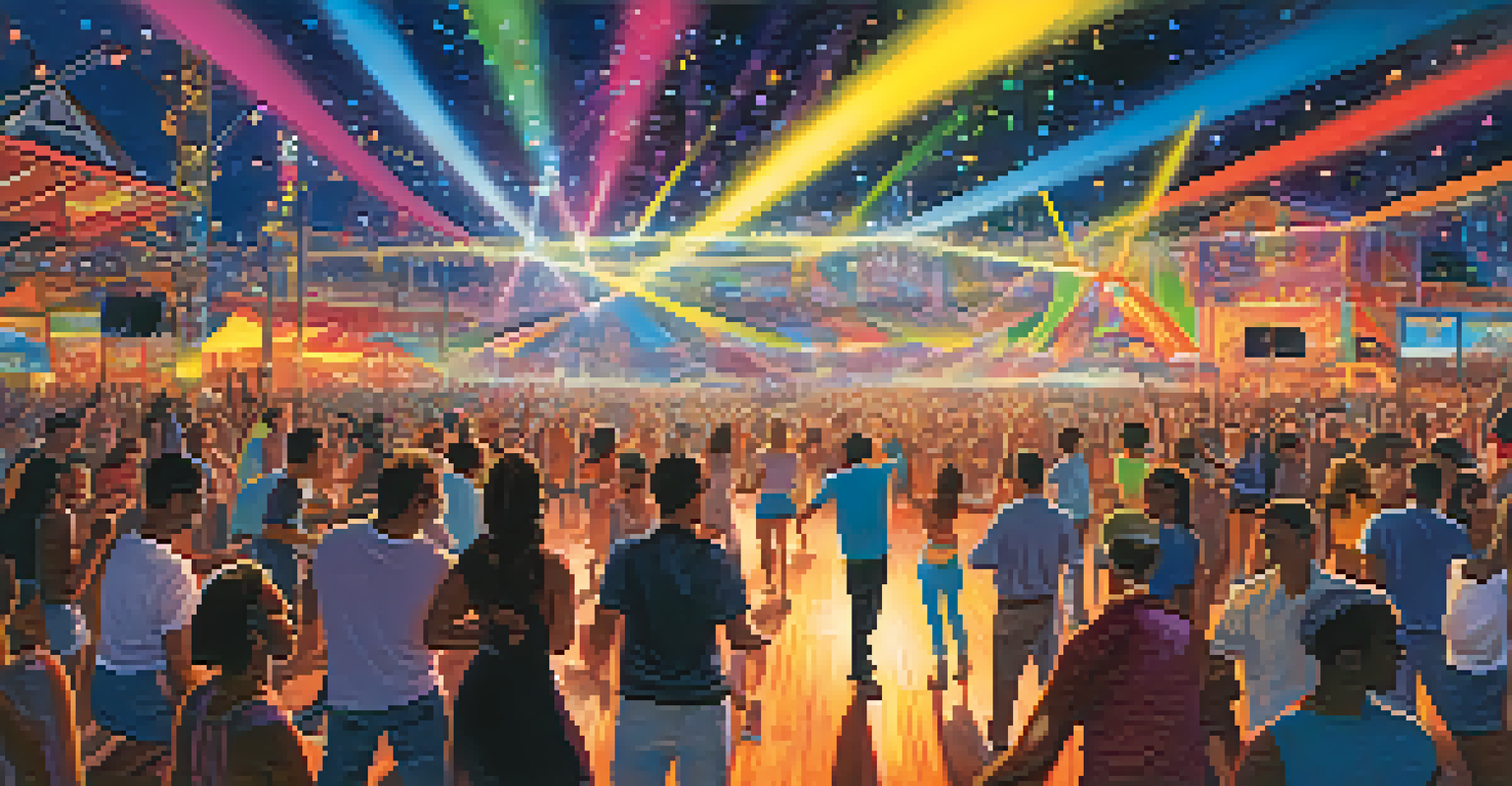A lively music festival with people dancing and a band performing, surrounded by colorful lights and musical notes.