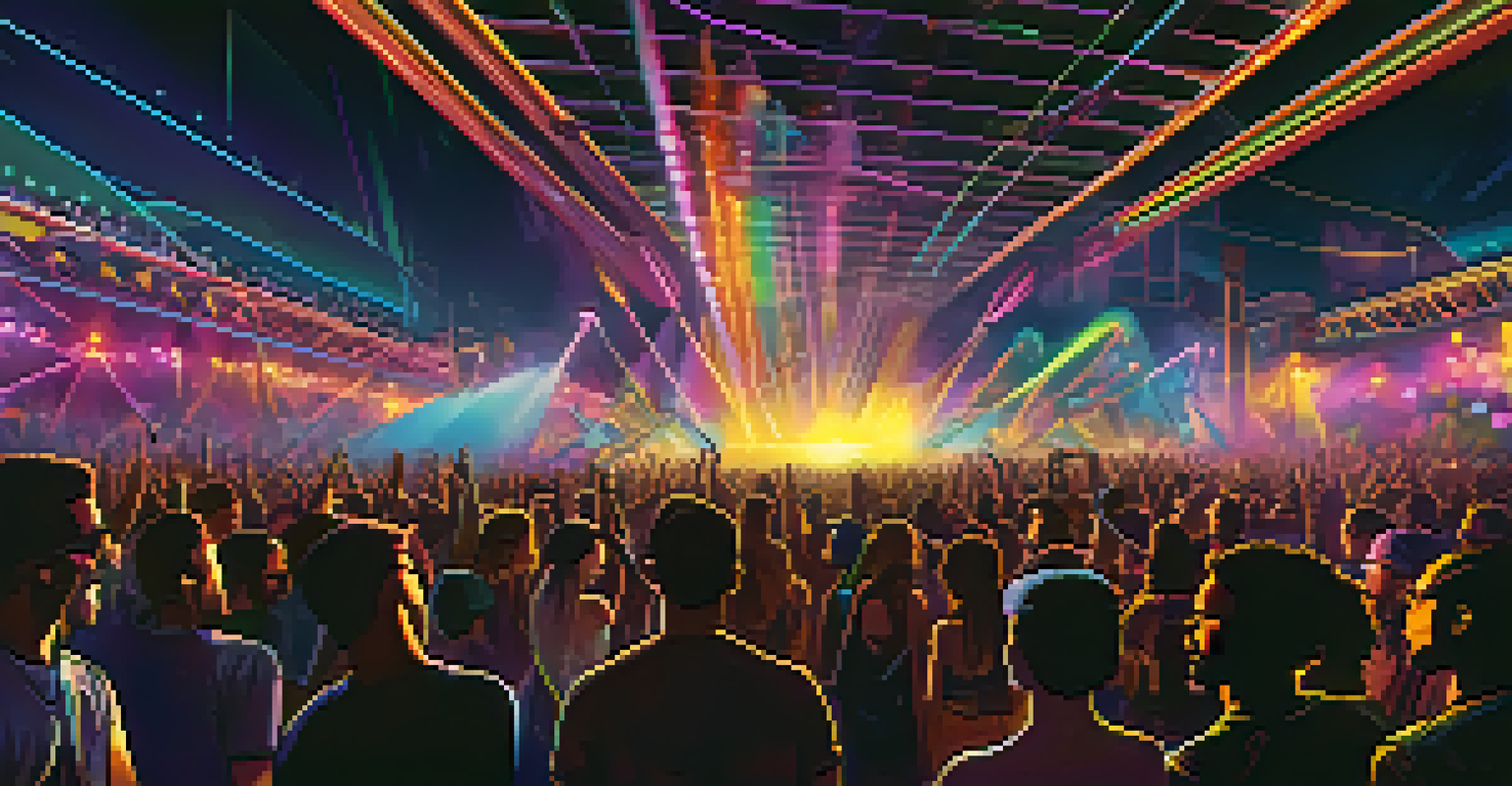 An energetic electronic music festival at night, featuring a DJ on stage and a diverse crowd dancing under colorful lights.
