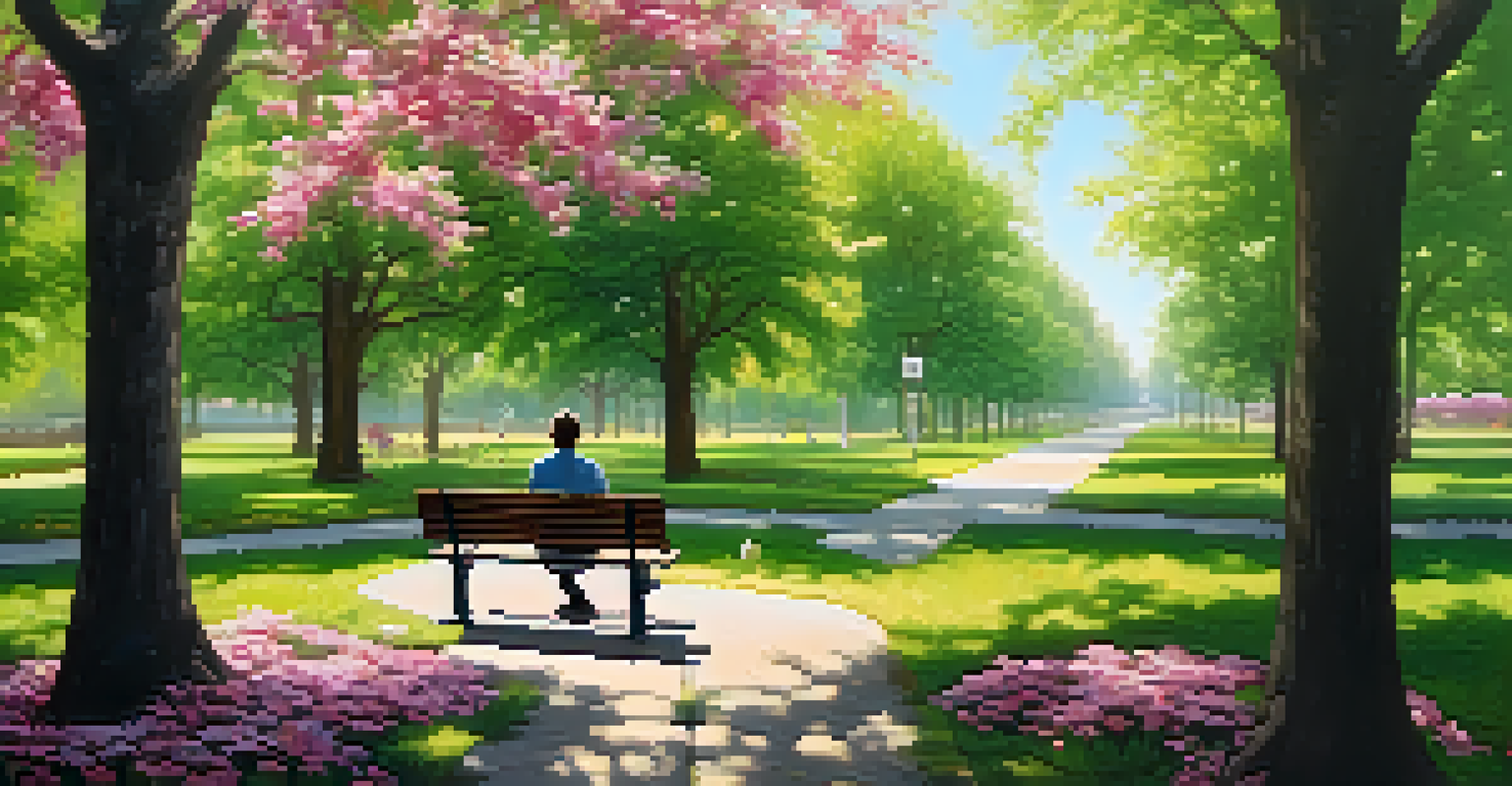 A peaceful park with a person sitting on a bench, listening to music with headphones on.