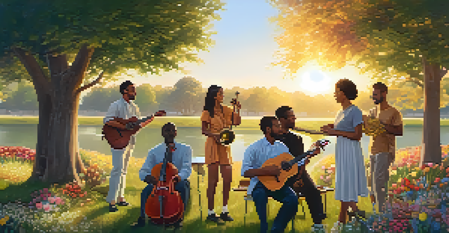 A diverse group of people playing instruments in a park during sunset, surrounded by nature and smiling joyfully.