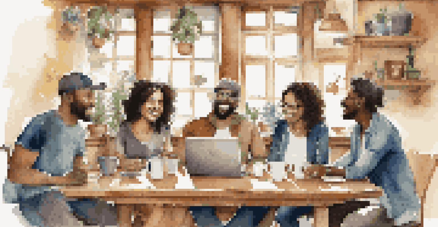 A group of diverse musicians in a café discussing their crowdfunding efforts.