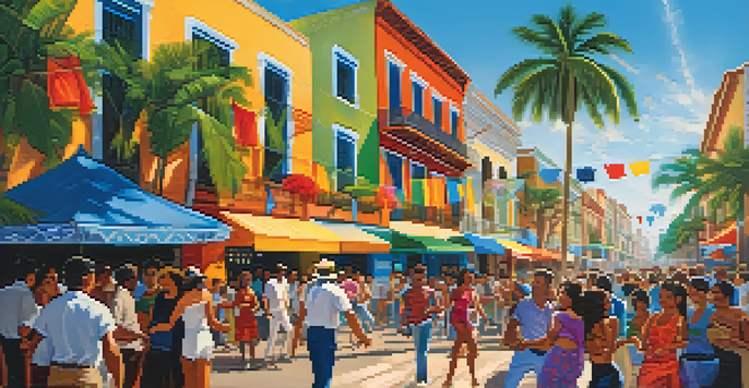 A lively street scene in a Latin American city with people dancing and musicians playing salsa music under a bright blue sky.