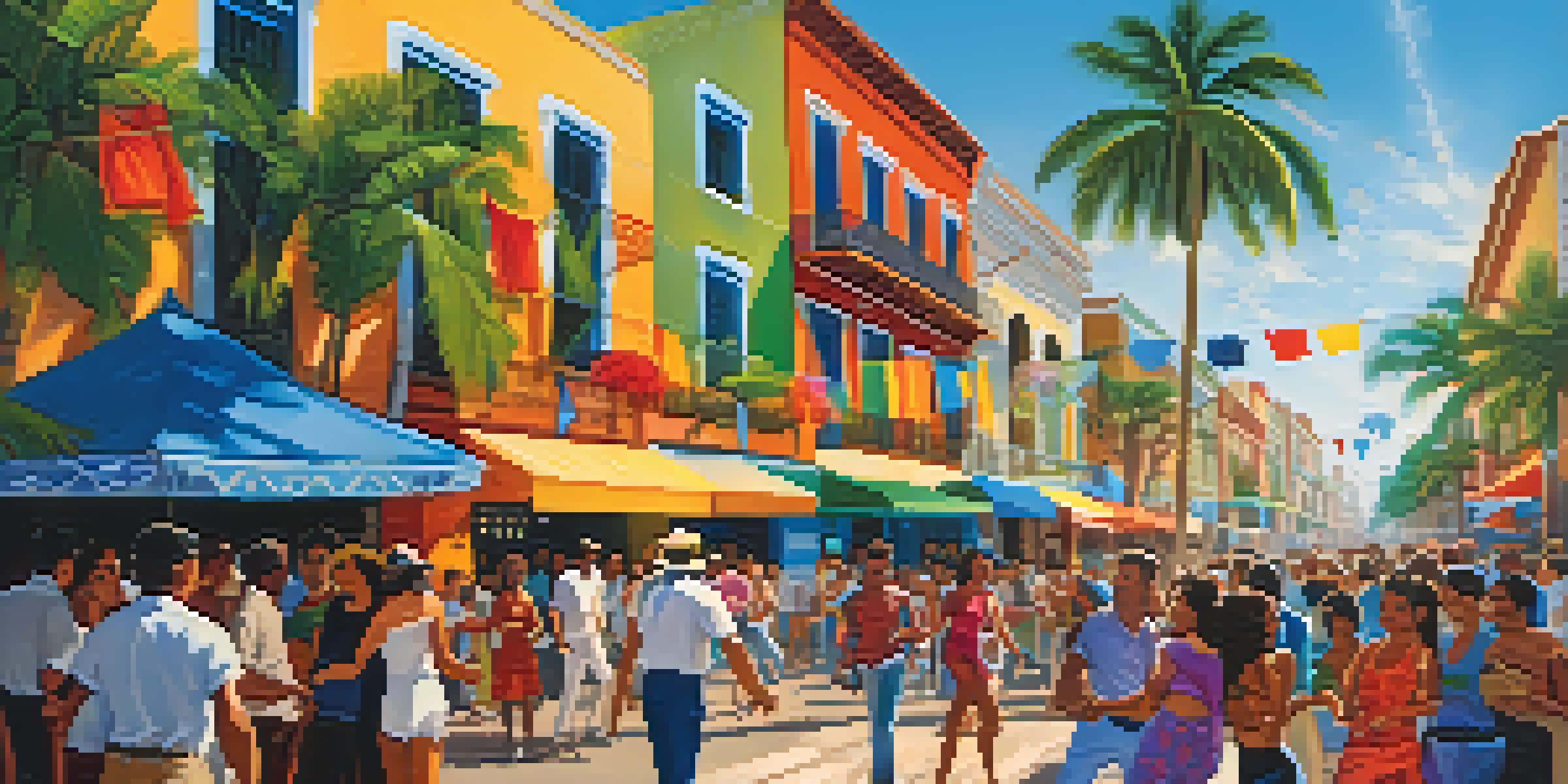 A lively street scene in a Latin American city with people dancing and musicians playing salsa music under a bright blue sky.