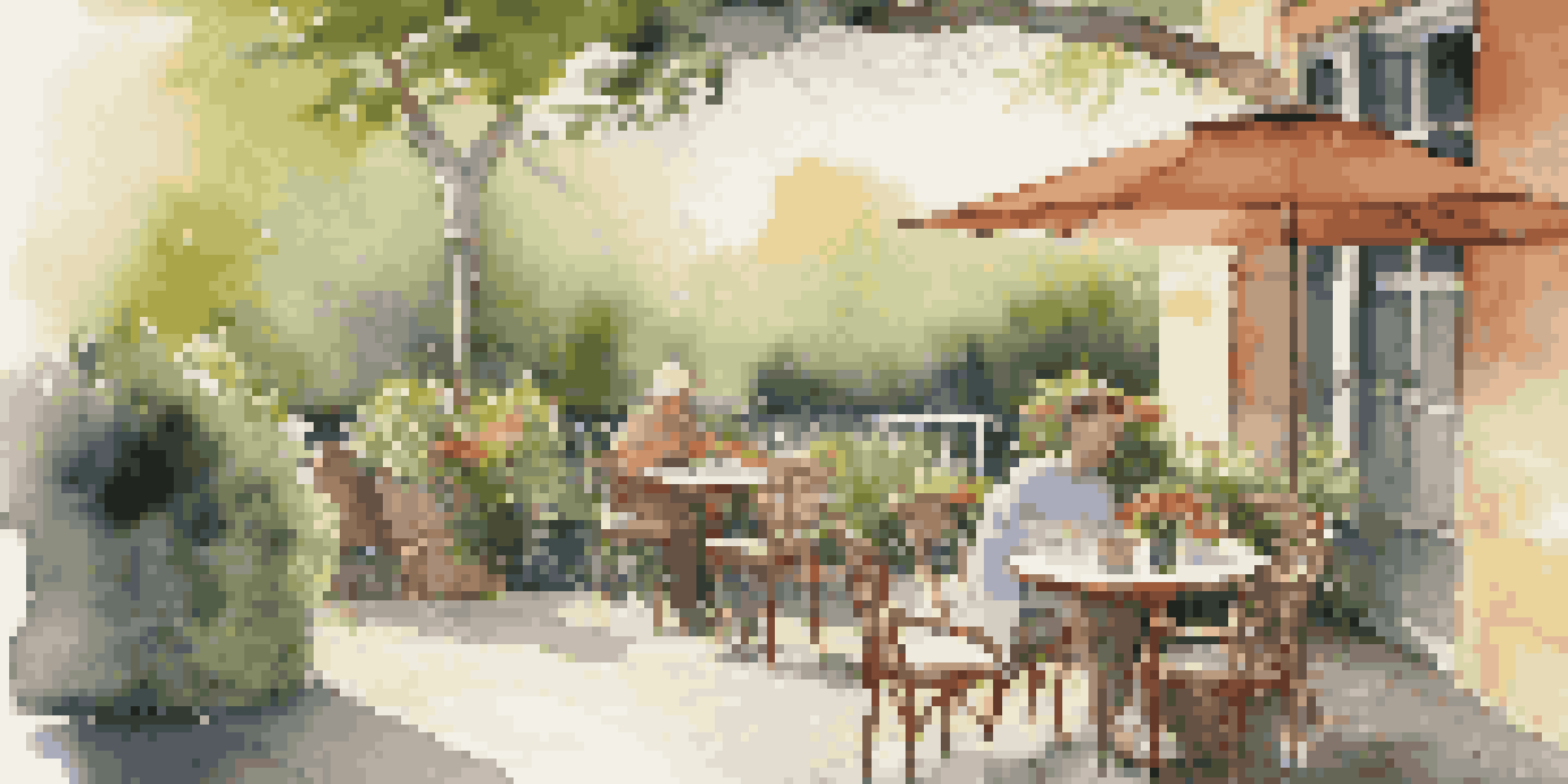 A cozy outdoor café with a musician playing guitar, featuring a table with flowers and coffee.