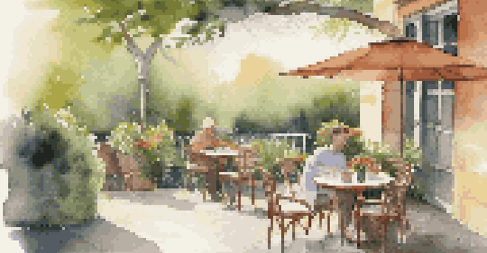 A cozy outdoor café with a musician playing guitar, featuring a table with flowers and coffee.