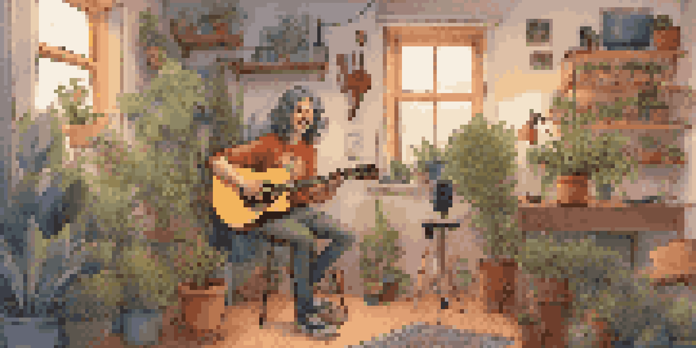 A musician with colorful hair playing an acoustic guitar during a live stream concert in a cozy room filled with plants and instruments.