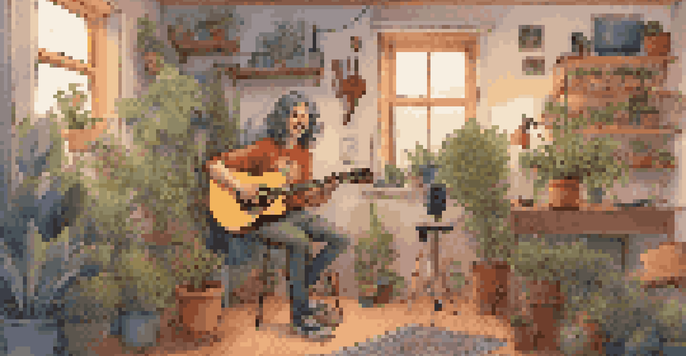 A musician with colorful hair playing an acoustic guitar during a live stream concert in a cozy room filled with plants and instruments.
