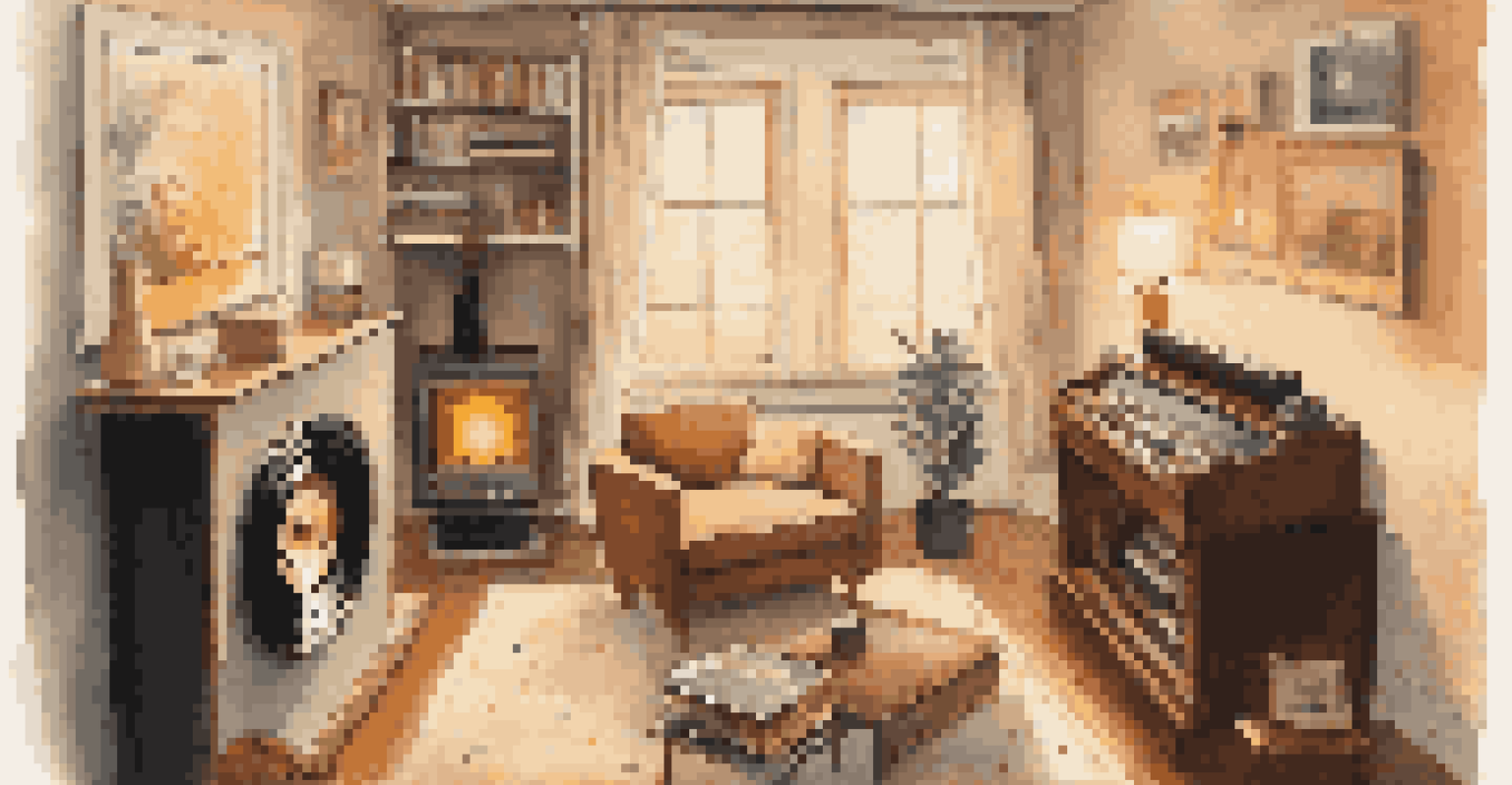 A cozy living room with a record player, framed photo, and warm light, evoking a sense of nostalgia and peace.