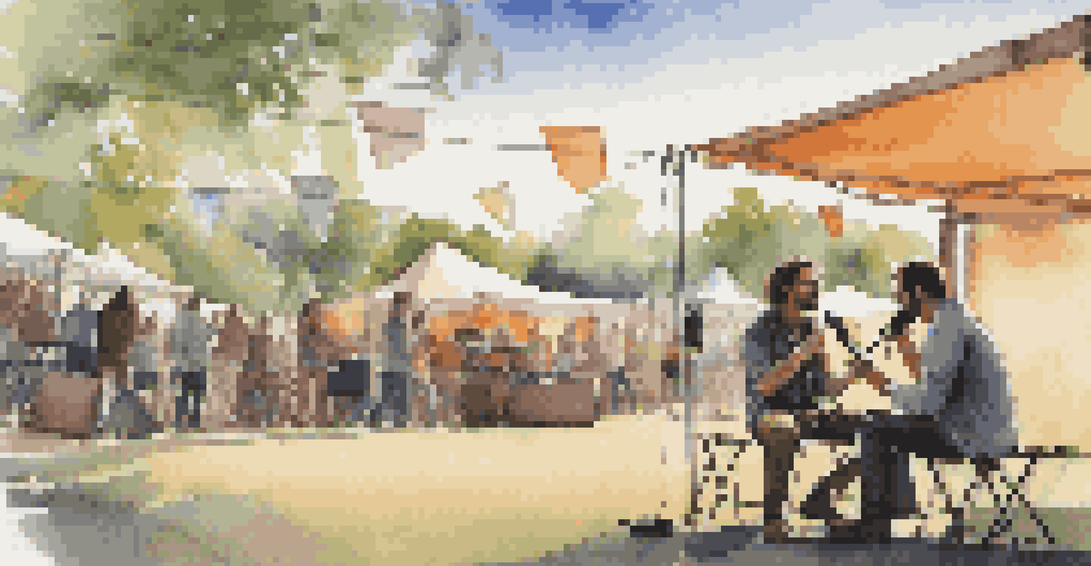 A filmmaker and a musician engaging in conversation at a music festival, with a warm and inviting atmosphere.